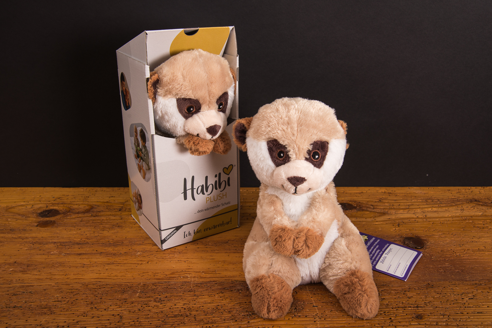 W&auml;rmekuscheltier mit Logo Habibi Plush Erdm&auml;nnchen &ndash; W&auml;rmekissen Mikrowelle Werbegeschenk mit Verpackung