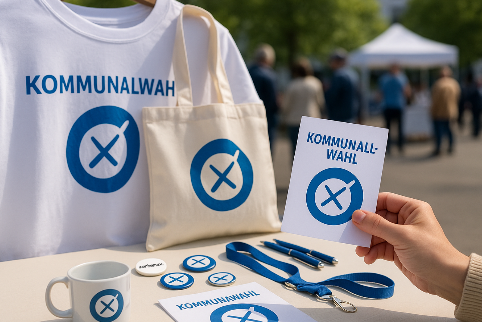 Verschiedene Werbemittel wie T-Shirt, Stofftasche, Buttons, Flyer, Lanyard und Tasse mit Wahlkreuz-Symbol auf einem Tisch bei einer kommunalen Veranstaltung im Freien.