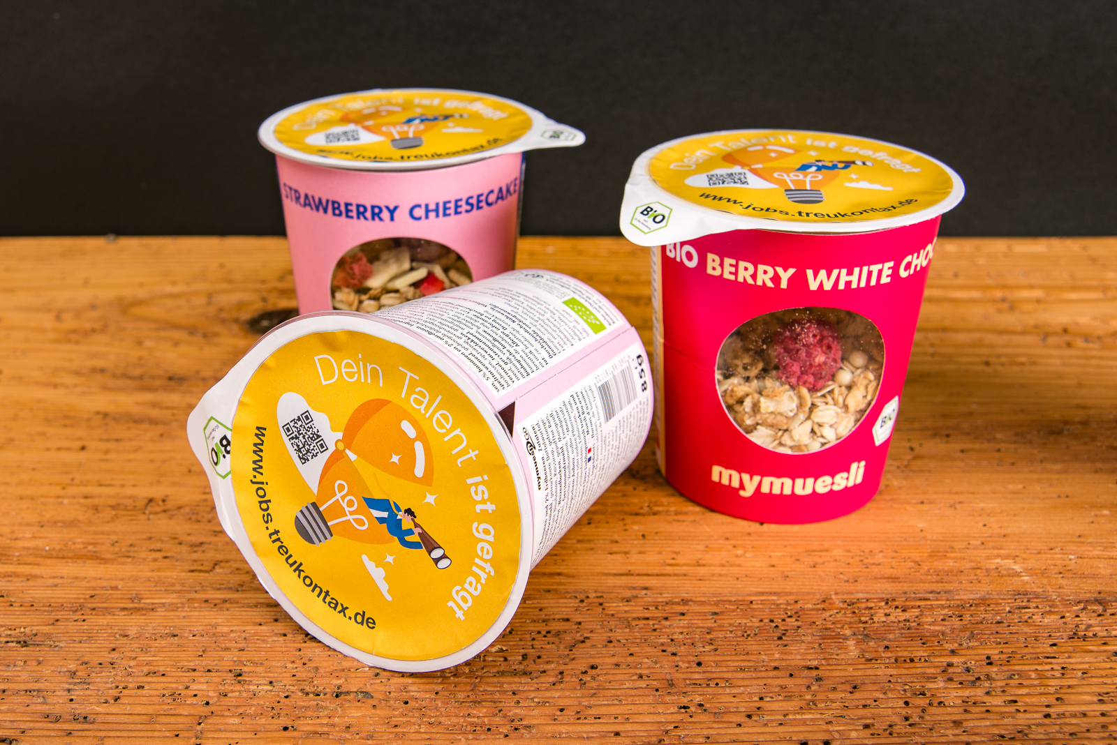 Personalisierte mymuesli Becher mit Kampagnenmotiv &ndash; kreative Werbeartikel f&uuml;r Arbeitgebermarken.