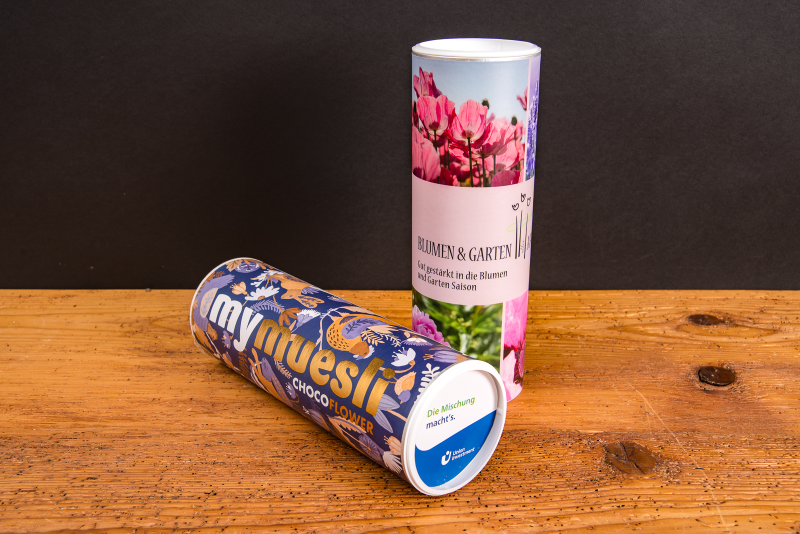 mymuesli Dosen in verschiedenen Designs &ndash; personalisierbare M&uuml;sli-Geschenke f&uuml;r Kunden und Mitarbeiter.