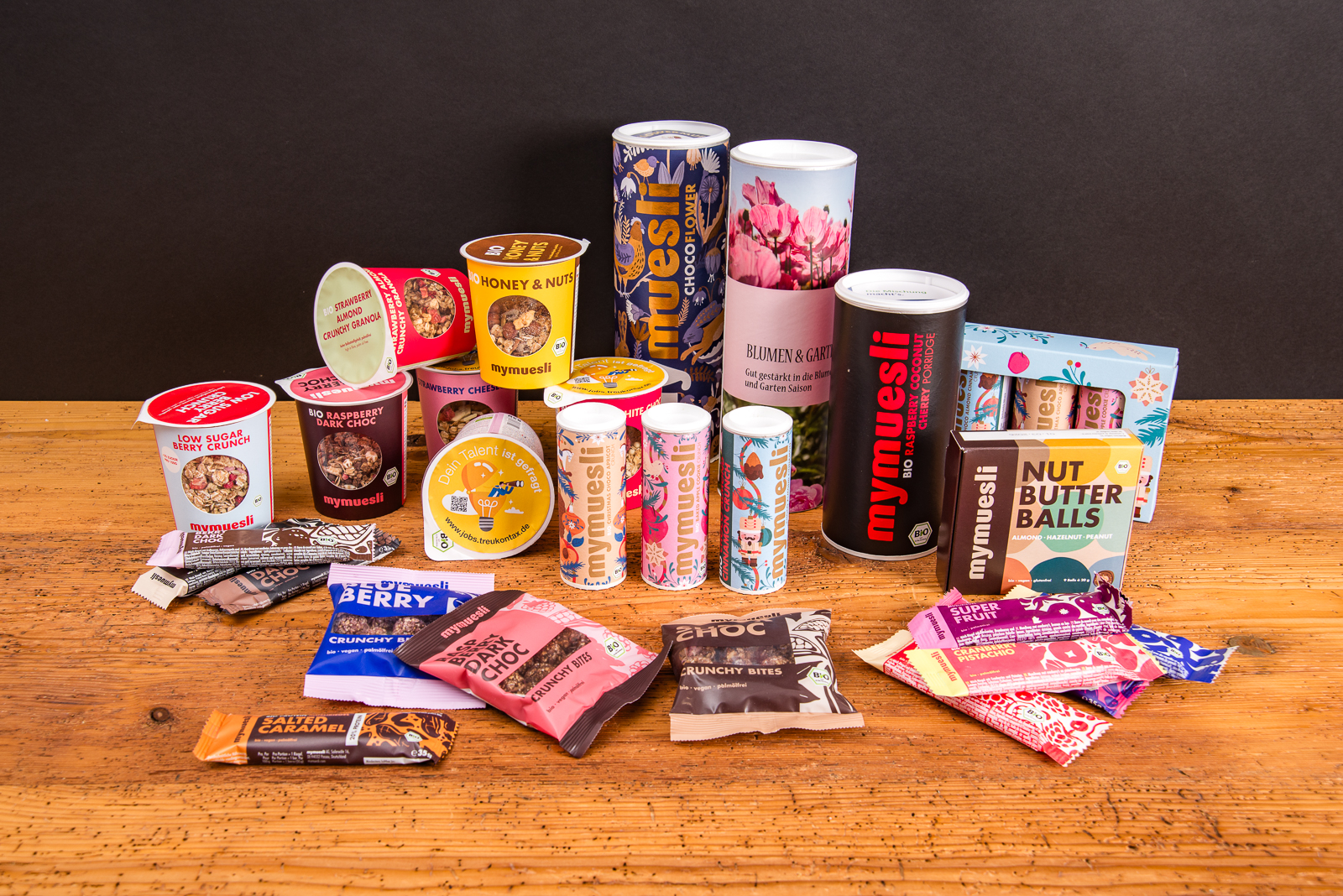 Vielf&auml;ltiges mymuesli Sortiment mit M&uuml;slibecher to go, Dosen und Riegeln &ndash; nachhaltige Werbegeschenke im &Uuml;berblick.