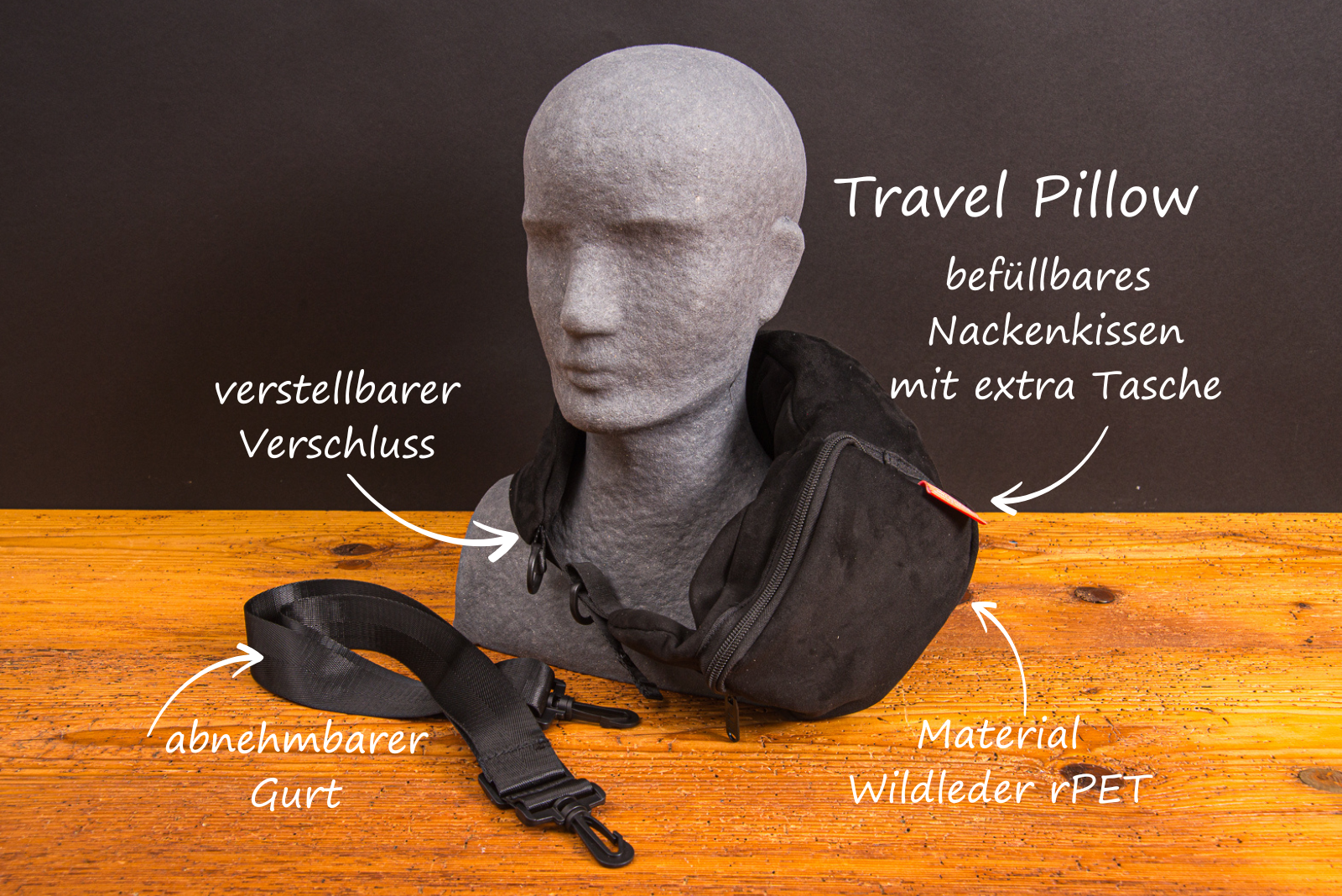 Reise Nackenkissen Produktvorteile &ndash; bef&uuml;llbares Reisekissen aus Wildleder-RPET mit abnehmbarem Gurt und Logo-Option.