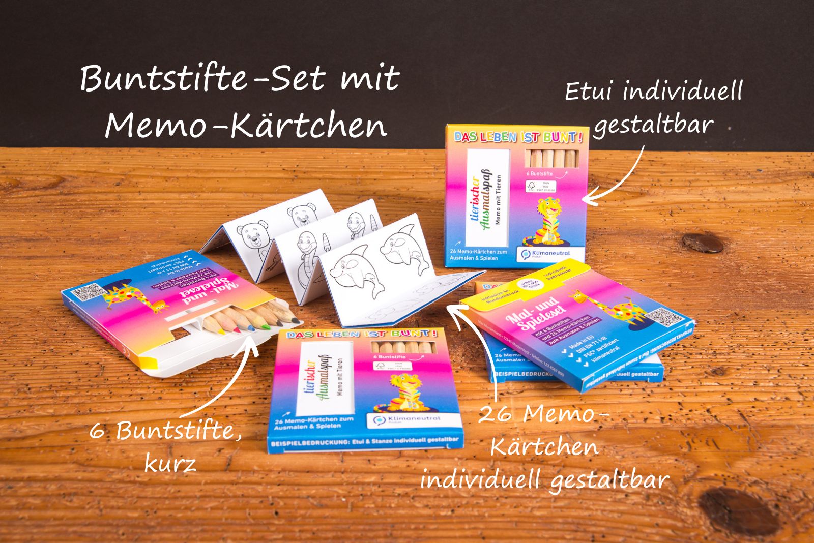Werbegeschenke Ausmalset mit Buntstiften und individuell gestaltbaren Memokarten als hochwertiges Kinder-Giveaway.