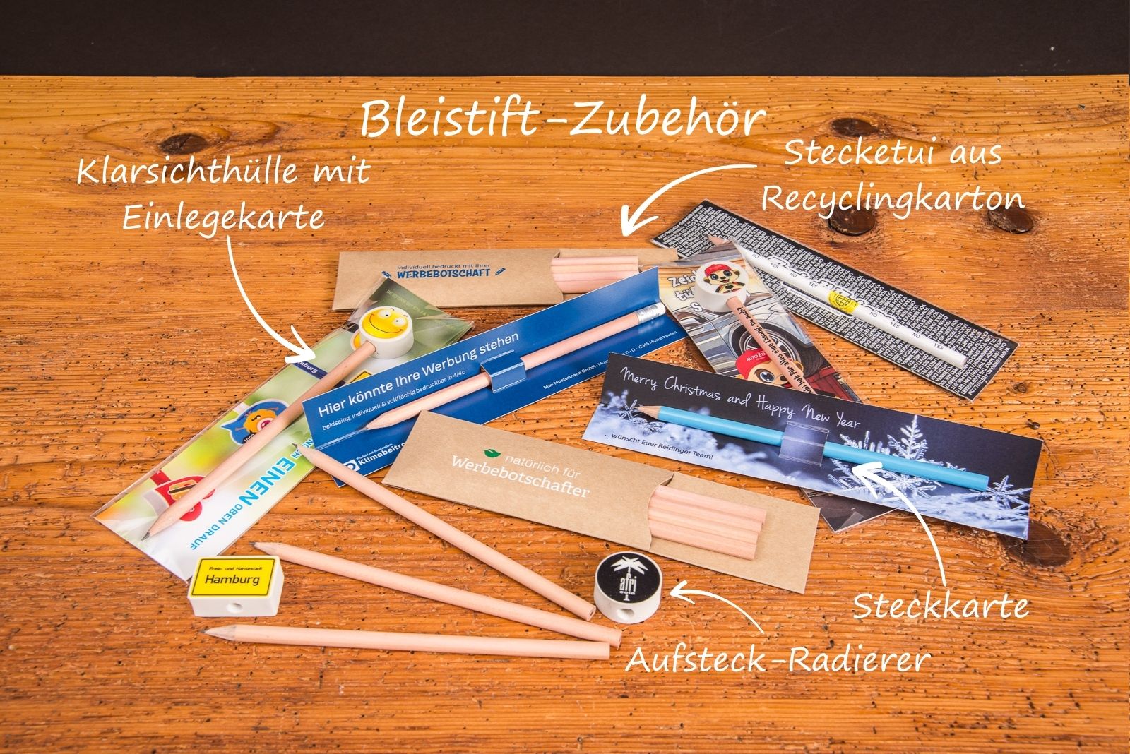 Bleistift Werbeartikel mit Zubeh&ouml;r wie Steckkarte, Klarsichth&uuml;lle und Radierer als vielseitige Promotionsets.