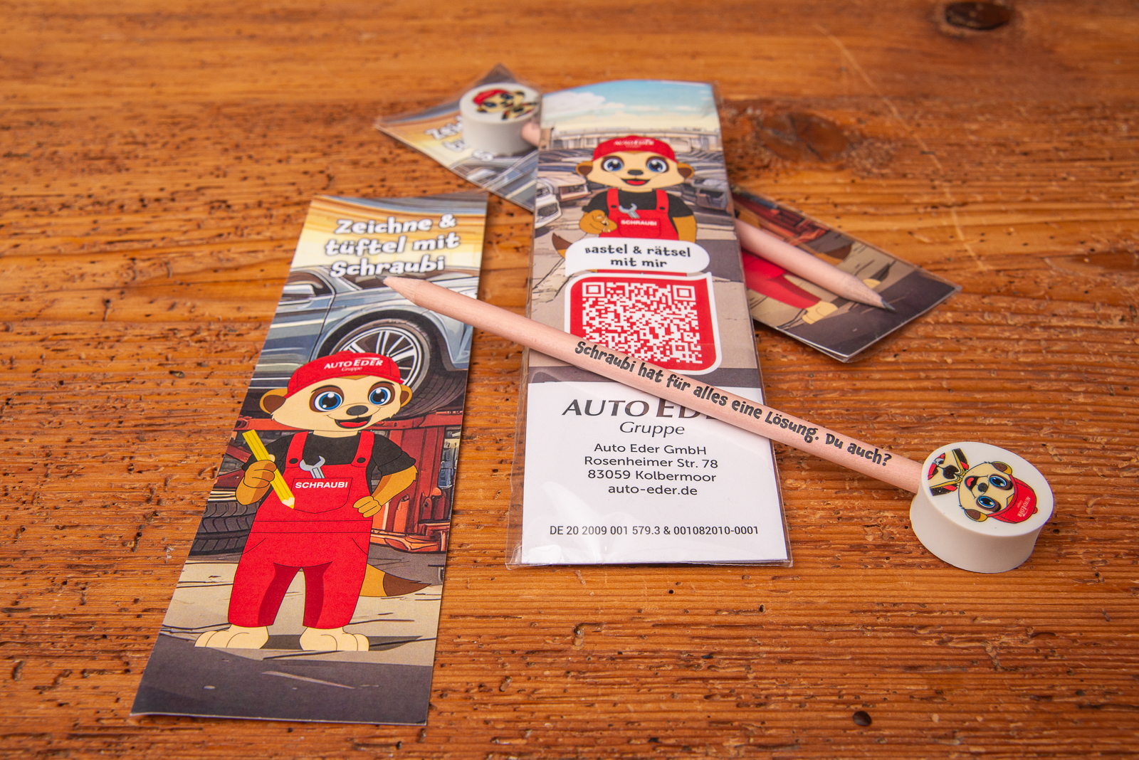 Aufsteckradiergummi Werbeartikel mit Bleistift und individueller Verpackung als kreatives Giveaway f&uuml;r Kinder in Autoh&auml;usern.