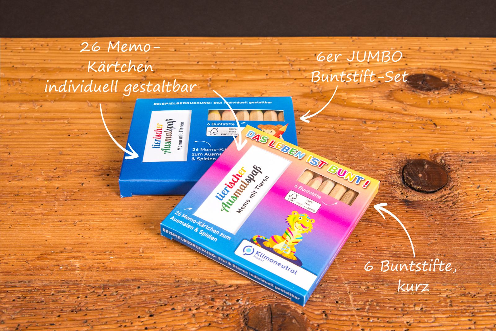 Buntstifte Memo Set mit kurzen und Jumbo-Buntstiften f&uuml;r kreative Kinder-Werbegeschenke.
