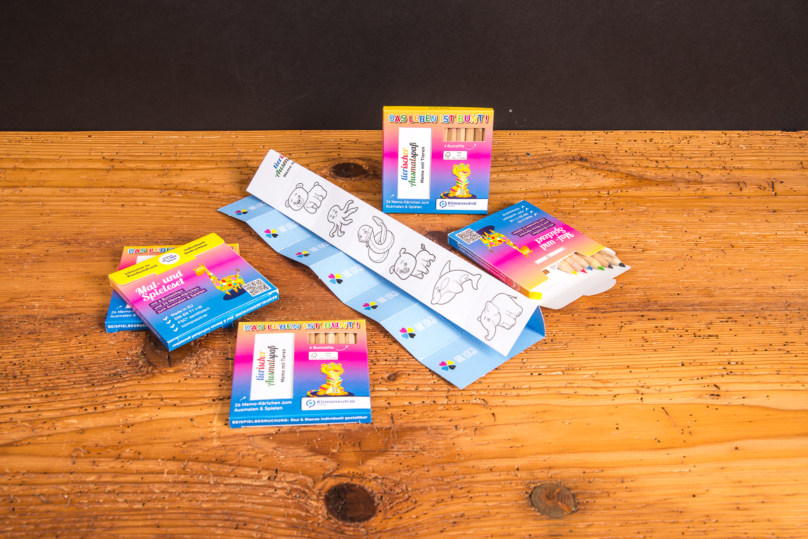 Kindergeschenke Buntstifte Memory Set mit individuell bedruckbarer Verpackung f&uuml;r Werbegeschenke an Kinder.