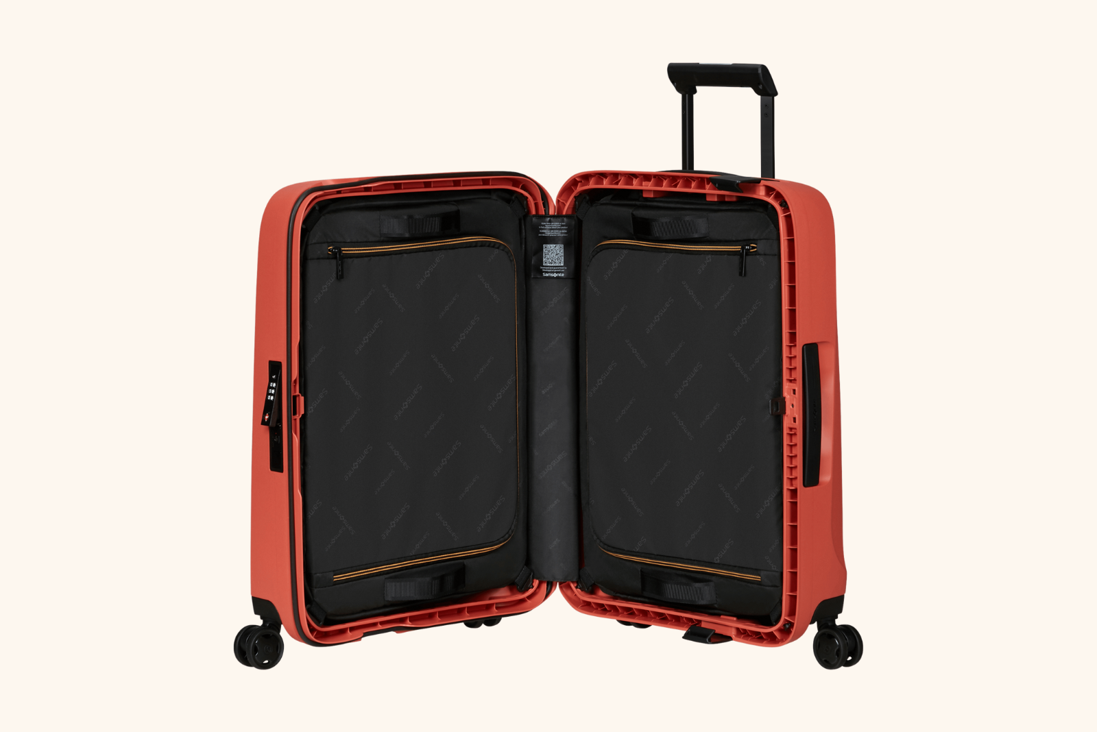 Samsonite Koffer Essens Handgep&auml;ck offen mit flexiblem Innenraum und herausnehmbaren Packw&uuml;rfeln.