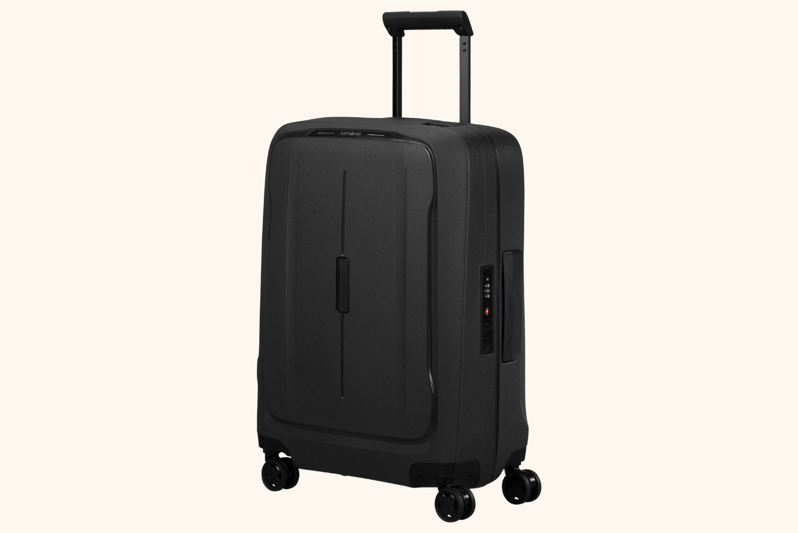 Samsonite Koffer Essens Schwarz als modernes Handgep&auml;ck mit 4 Rollen und stabilem Teleskopgriff.