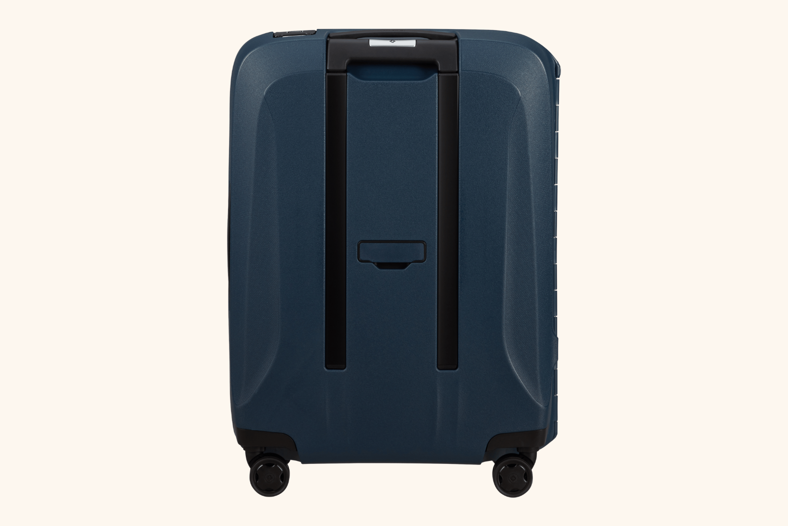 Samsonite Koffer Essens Blau mit r&uuml;ckseitigen Griffen und praktischer 4-Rollen-Konstruktion.