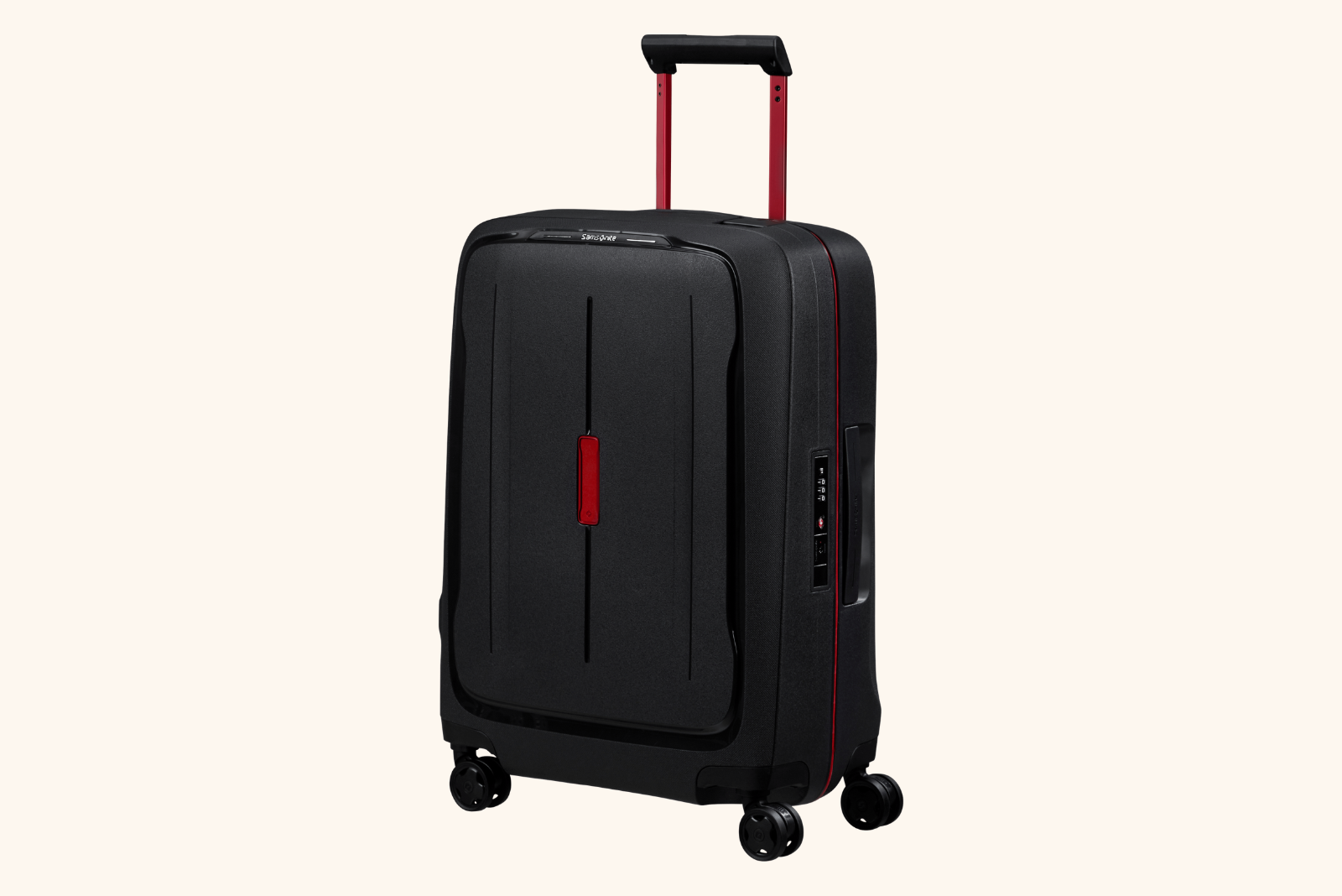 Samsonite Koffer Essens Schwarz-Rot als auff&auml;lliges Handgep&auml;ck mit farbigen Akzenten und TSA-Schloss.