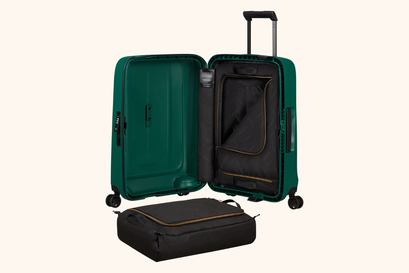 Samsonite Koffer Essens Gr&uuml;n offen mit herausnehmbaren Packw&uuml;rfeln f&uuml;r maximale Organisation.