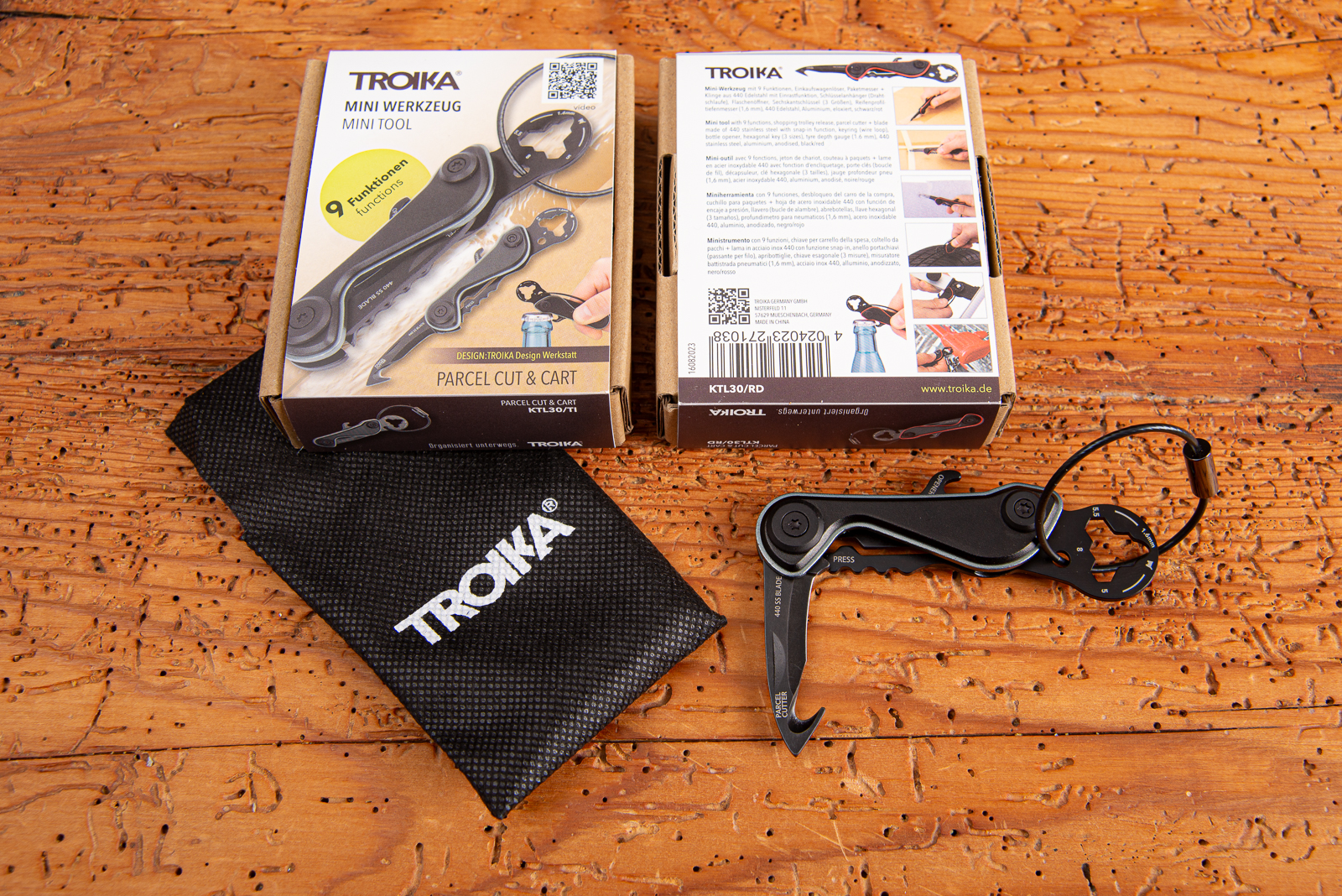 TROIKA Mini Werkzeug PARCEL CUT & CART mit Verpackung und Tasche &ndash; Minitool mit neun Funktionen als Werbegeschenk