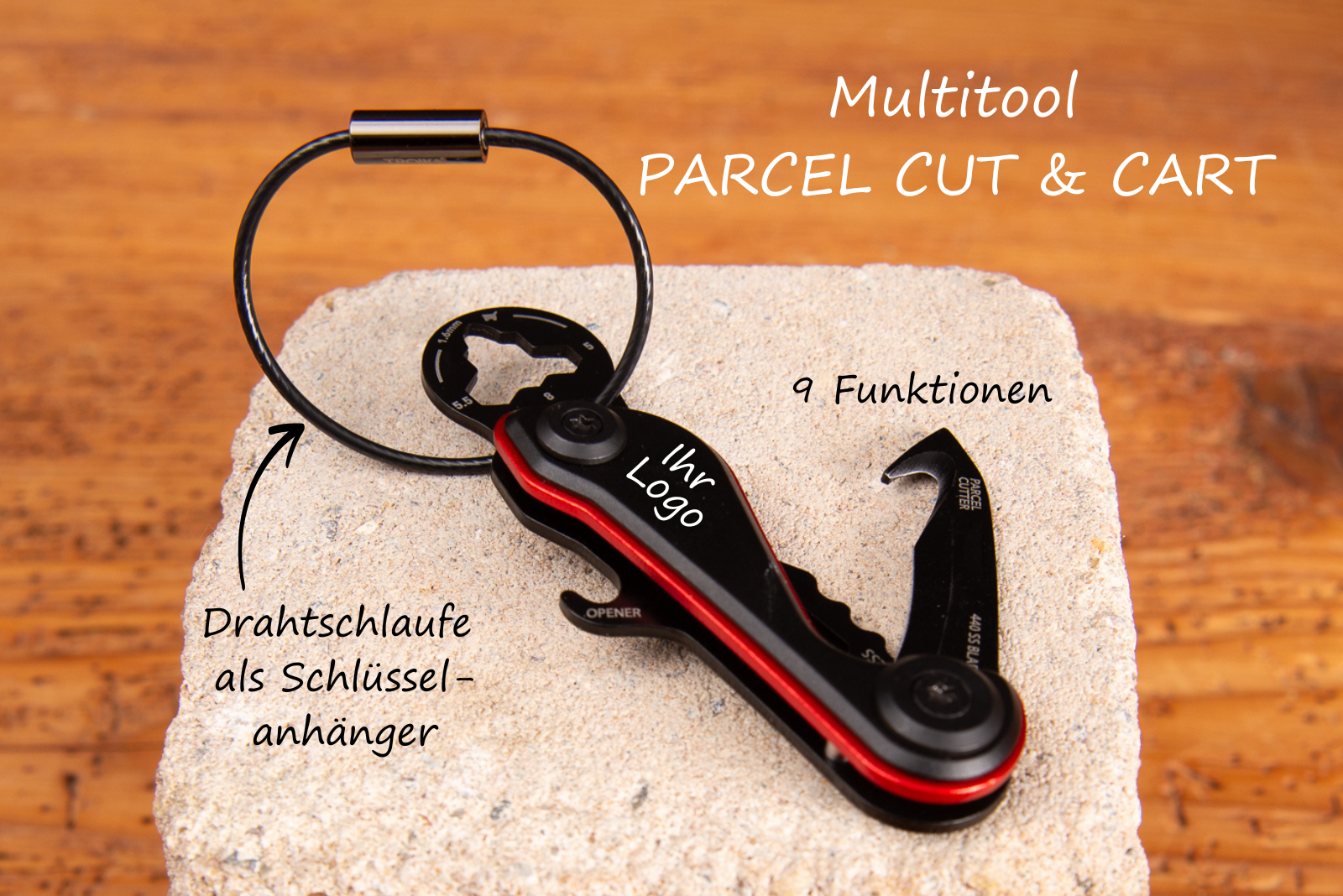 TROIKA Multitool PARCEL CUT & CART mit Gravurfl&auml;che f&uuml;r Logo &ndash; Minitool mit 9 Funktionen als Werbegeschenk