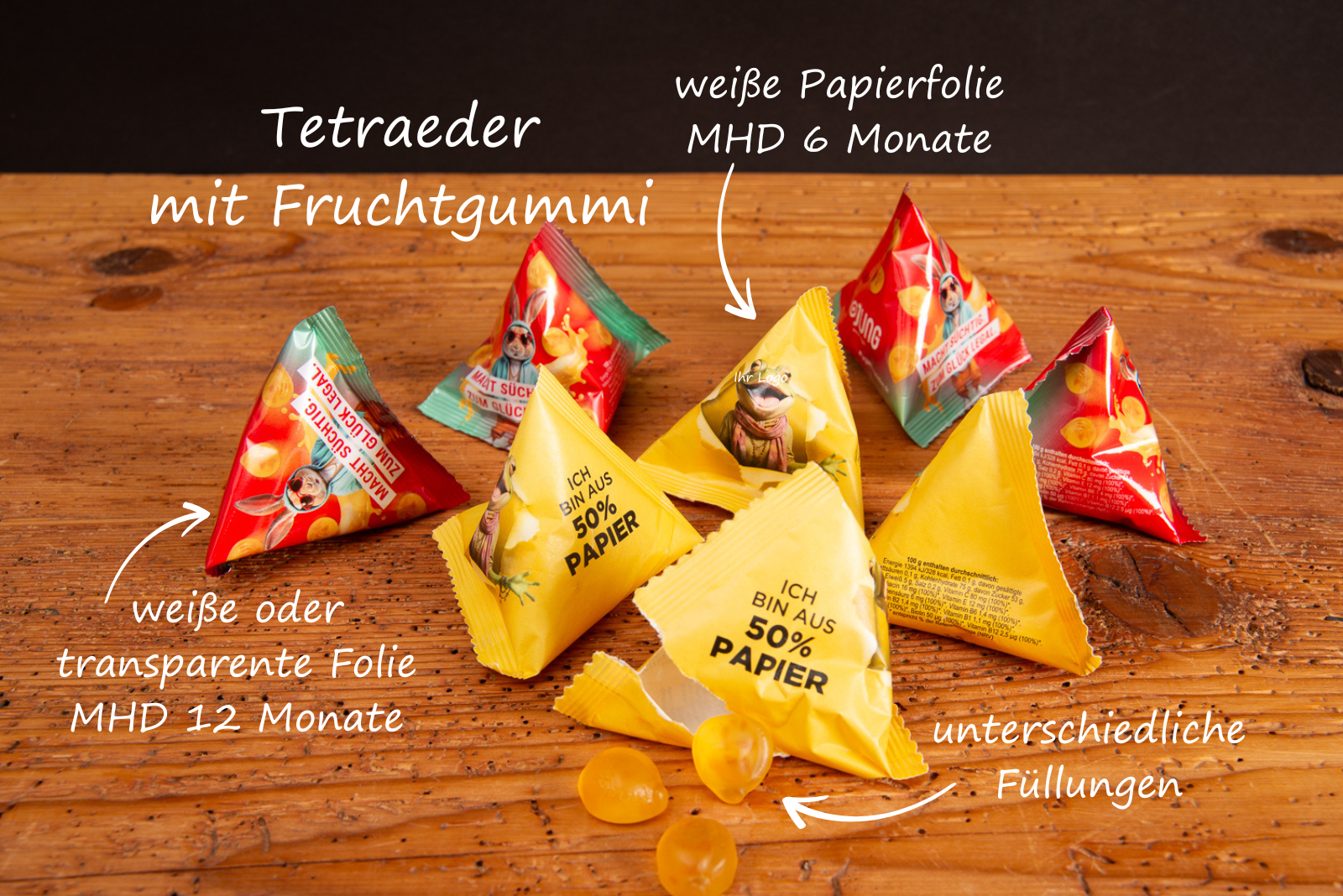 Tetraeder-Verpackungen mit Fruchtgummi, wahlweise Folie oder Papierfolie, als auff&auml;llige Werbeartikel-Giveaways.