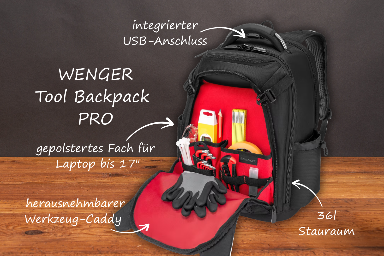 Offener Wenger Tool Backpack Pro mit 36 Litern Stauraum, gepolstertem 17-Zoll-Laptopfach, integriertem USB-Anschluss und herausnehmbarem Werkzeug-Caddy.