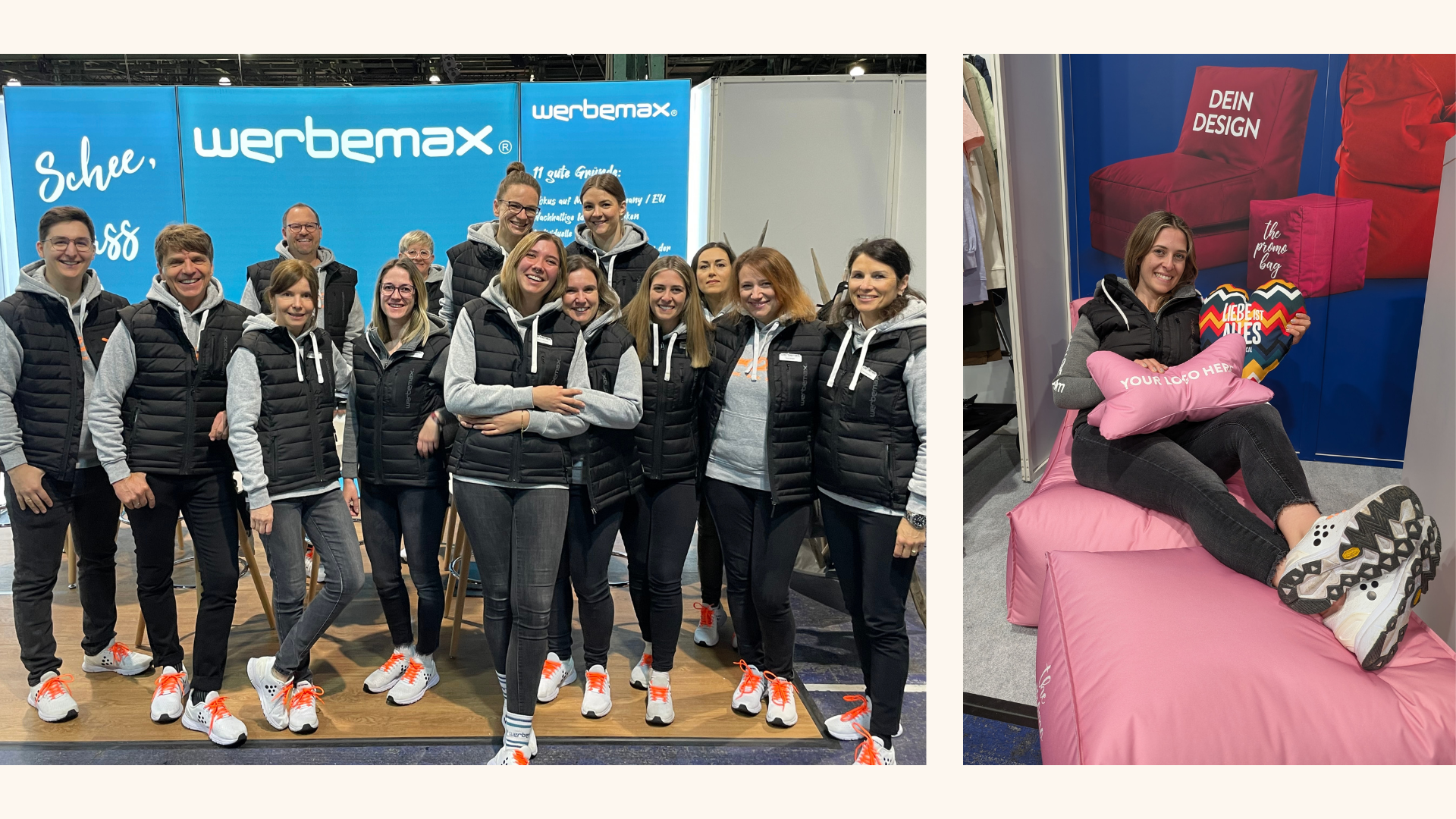 Teamfoto von werbemax auf der Werbeartikelmesse WerbeWelt: eine gro&szlig;e, fr&ouml;hliche Gruppe im einheitlichen Outfit mit schwarzen Westen, grauen Hoodies und wei&szlig;en Sneakern mit orangefarbenen Schn&uuml;rsenkeln vor blauem werbemax-Messestand; daneben eine Mitarbeiterin entspannt auf rosa Sitzs&auml;cken sitzend, umgeben von individuell bedruckbaren Kissen und Herz-Giveaways &ndash; Beispiel f&uuml;r personalisierbare Werbeartikel und modernes Messebranding.