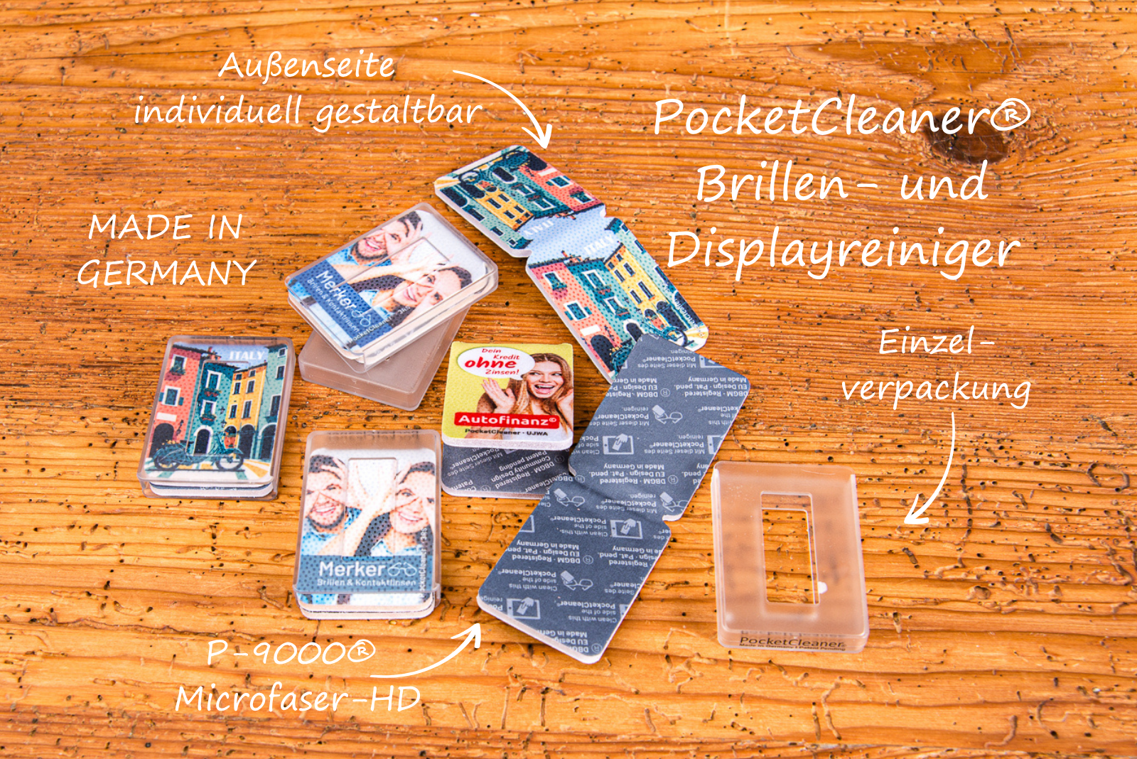 PocketCleaner mit Logo als faltbares Brillenputztuch und Displayreiniger, ideal als hochwertiger Werbeartikel.