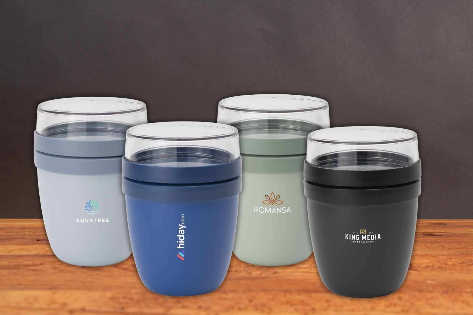 Vier Mepal Lunchpot Ellipse Beh&auml;lter in unterschiedlichen Farben mit individuellem Firmenlogo, ideal als bedruckbares Incentiv f&uuml;r Snacks, Joghurt oder Lunch to go.