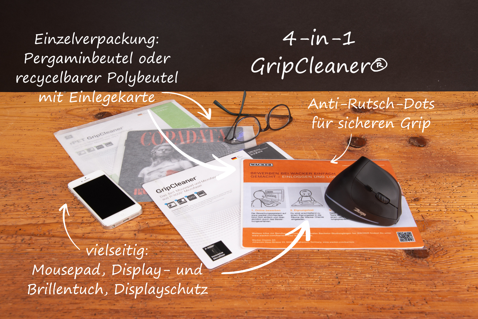 4-in-1 Polyclean GripCleaner als Mousepad, Displaytuch und Werbegeschenk mit Logo, mit Anti-Rutsch-Dots.