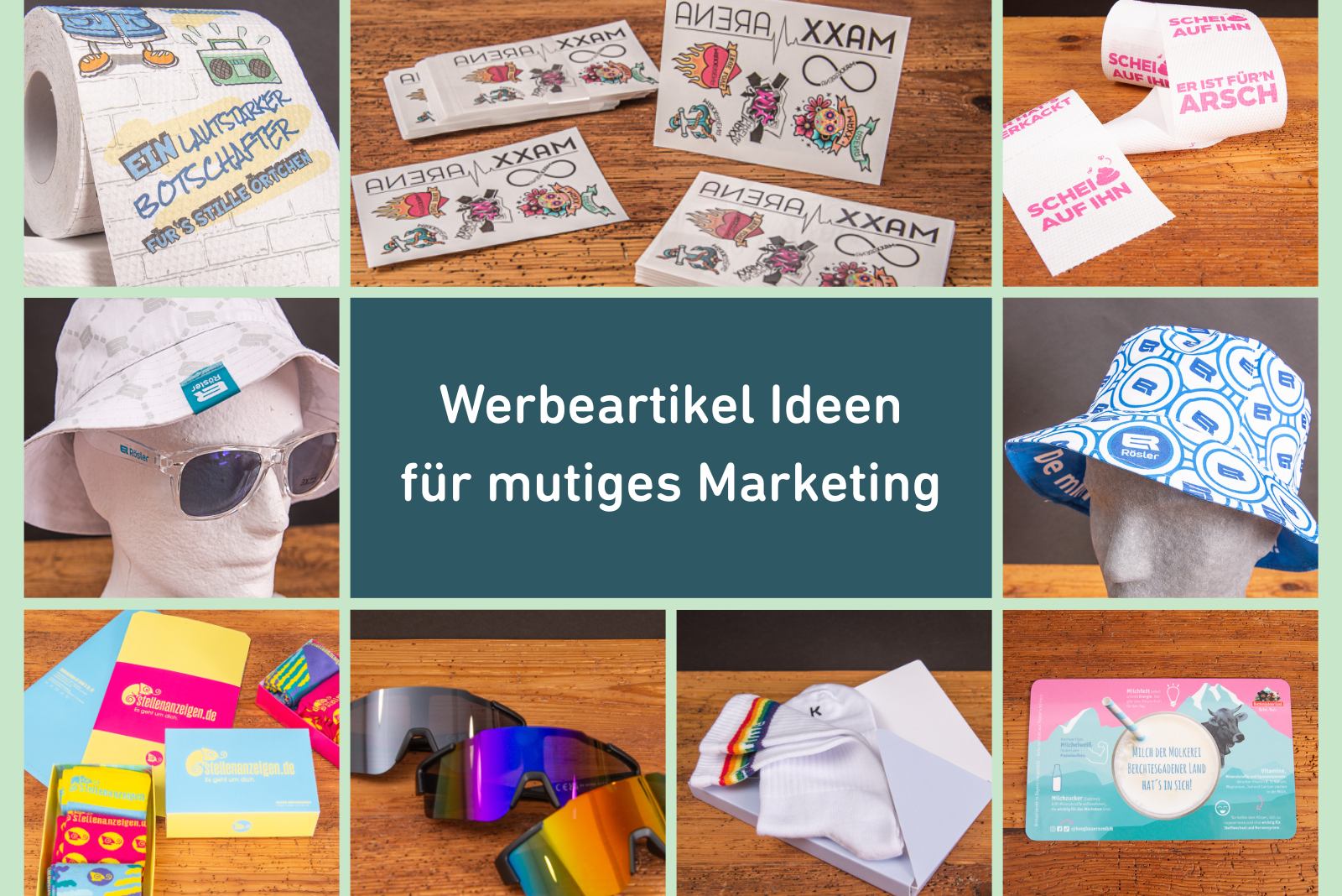 Collage verschiedener mutiger Werbeartikel-Ideen wie Tattoos, Toilettenpapier mit Spr&uuml;chen, Fischerh&uuml;te, Brillen, Socken und Brettchen &ndash; Titelgrafik des werbemax Blogbeitrags zu kreativem Marketing