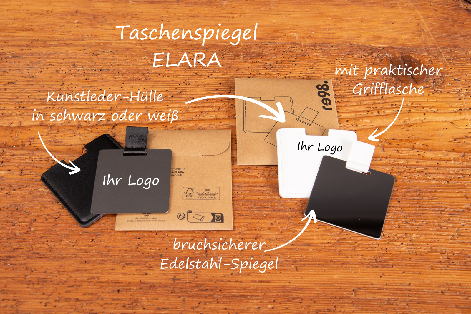 Taschenspiegel mit Logo in Schwarz und Wei&szlig;, bruchsicherer Edelstahlspiegel als attraktives Giveaway.