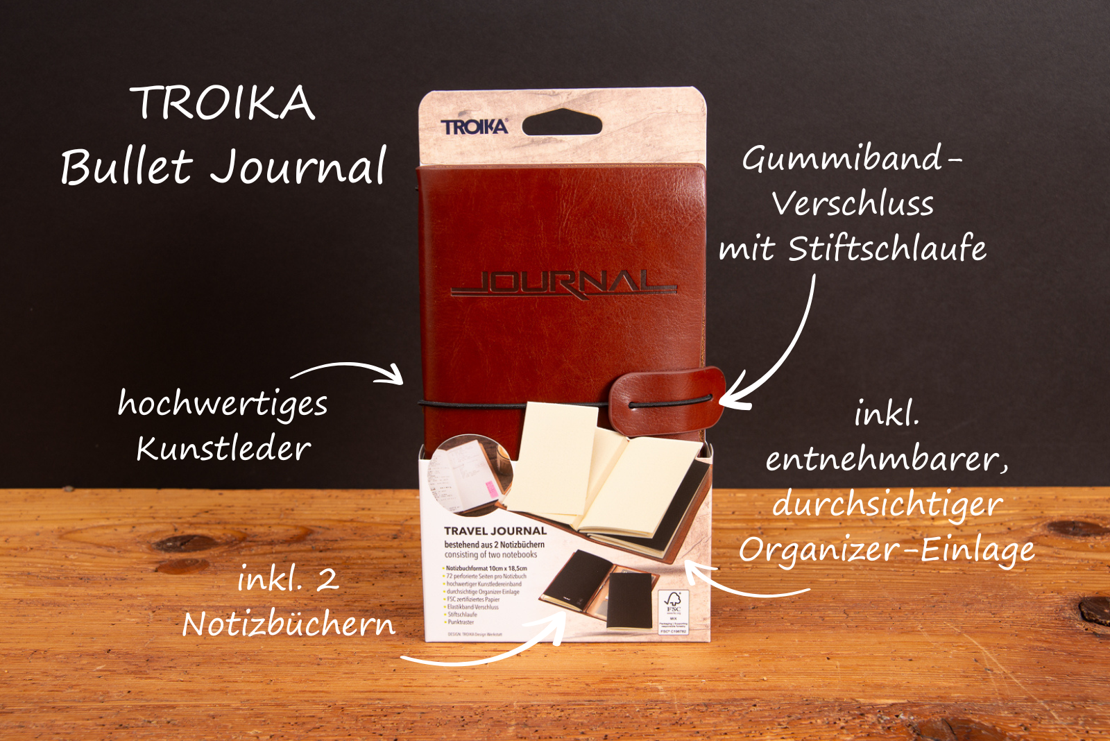 Troika Bullet Journal Verpackung mit Kunstleder-Einband, Stiftschlaufe und austauschbaren Notizheften, hochwertiges Werbegeschenk mit Logo.