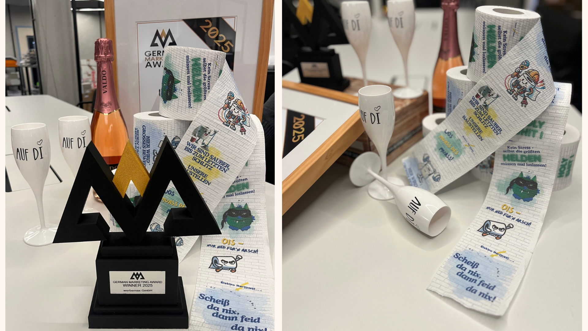 German Marketing Award 2025 Trophy von werbemax neben bedrucktem Toilettenpapier mit humorvollen Spr&uuml;chen und Motiven f&uuml;r Elektro Hartinger, pr&auml;sentiert als kreatives und ausgezeichnetes Werbemittel.
