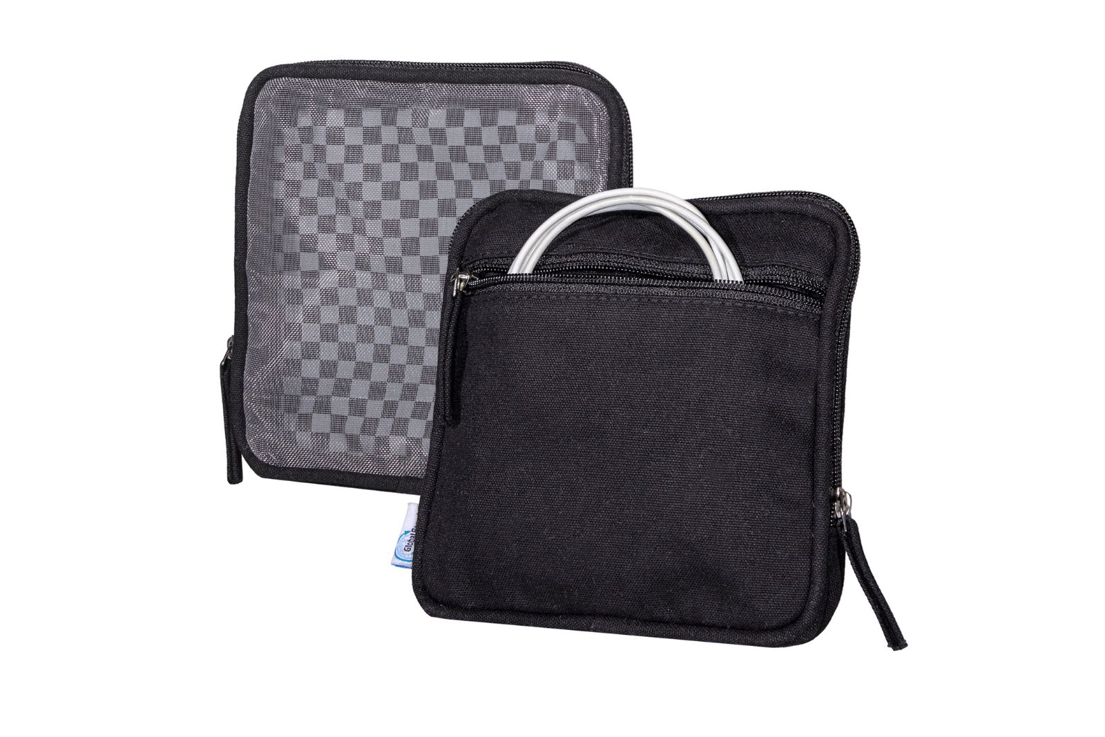 Utensilientasche f&uuml;r Kabel, Medikamente und Kleinzeug aus Baumwolle, in hoher Grammatur. G&uuml;nstige Werbemittel f&uuml;r Bewerber, Mitarbeiter und Kunden. Kabeltasche Pixi aus schwarzer Baumwolle mit Mesh.