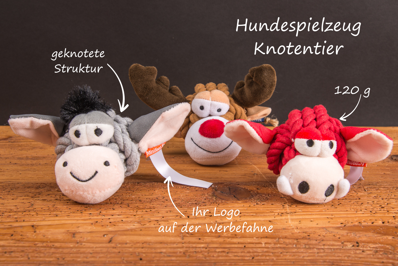 Hundespielzeug Knotentier als Werbeartikel &ndash; Spielzeug Hunde mit geknoteter Struktur und Logo-Werbefahne
