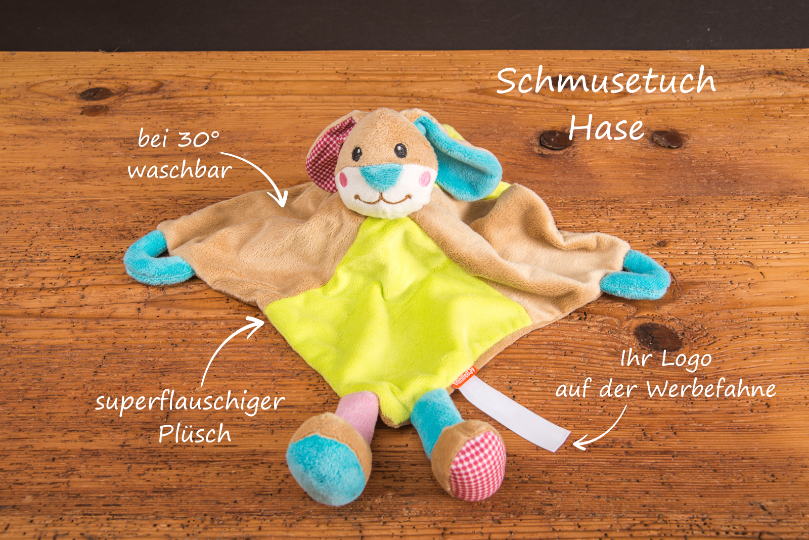 Schmusetuch Hase aus weichem Pl&uuml;sch mit Logo-Etikett, waschbares Schnuffeltuch in Gr&uuml;n und Beige f&uuml;r Babys