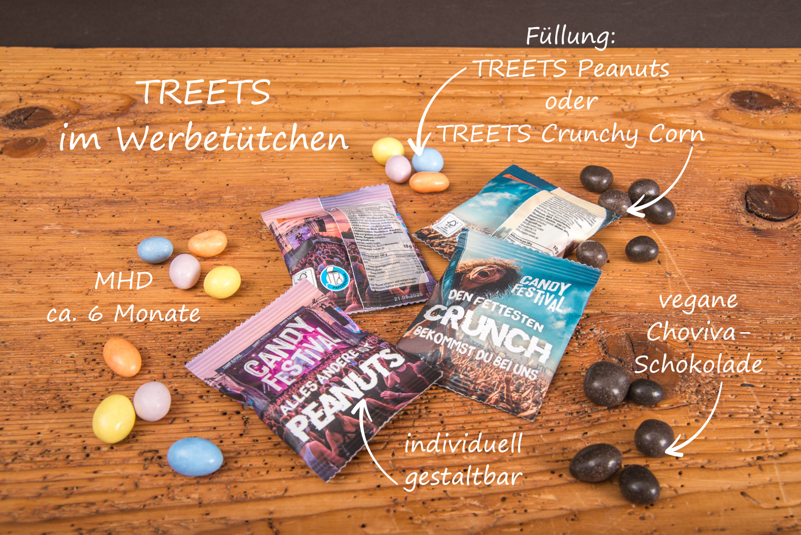 &Uuml;bersicht der veganen Treets Peanuts und Crunchy Corn als Werbeartikel mit individuell gestaltbarer Folie