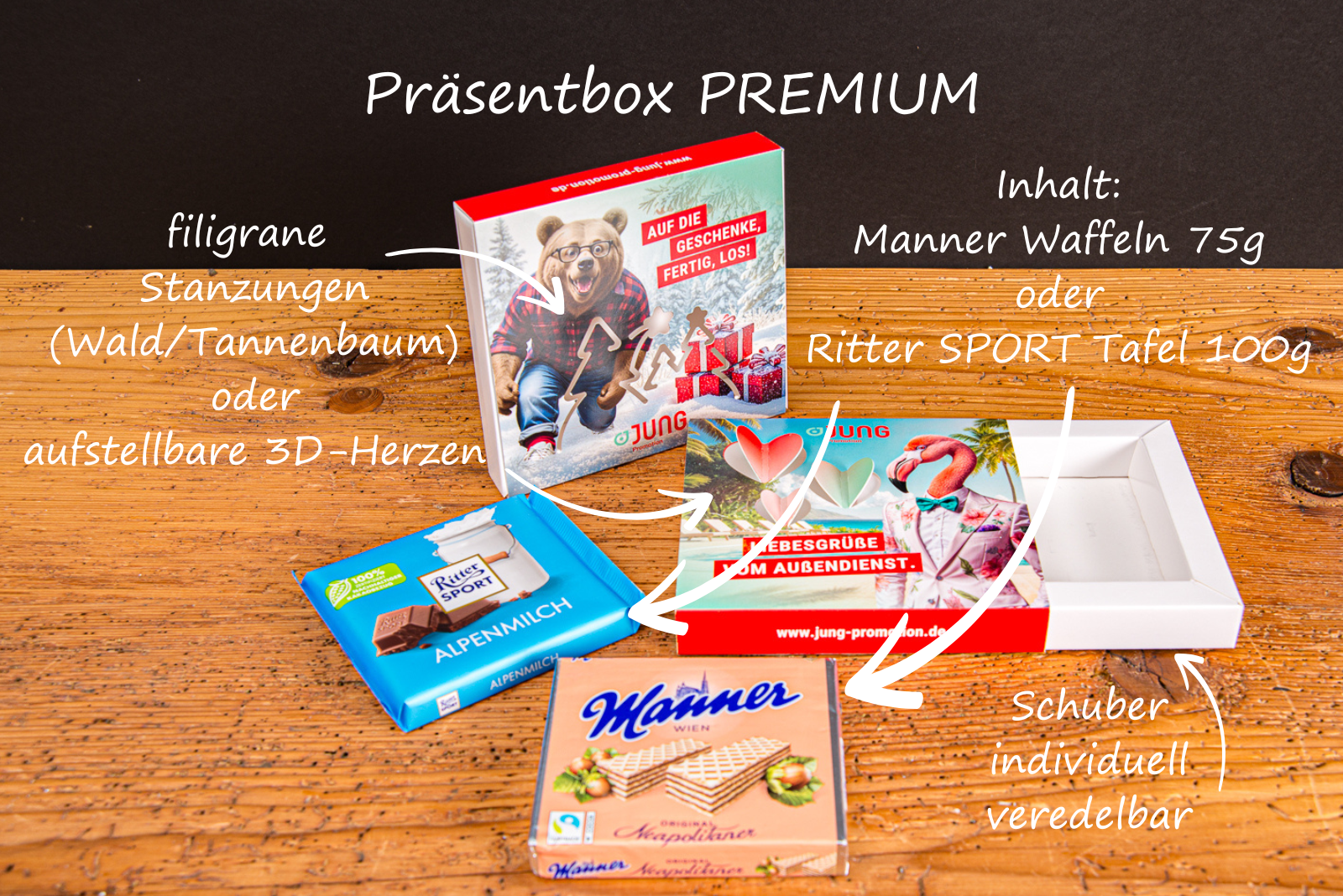 Pr&auml;sentbox Premium als Werbegeschenk mit Ritter Sport Schokolade oder Manner Waffeln, individuelle Geschenk Box mit Logo und 3D Herz-Element
