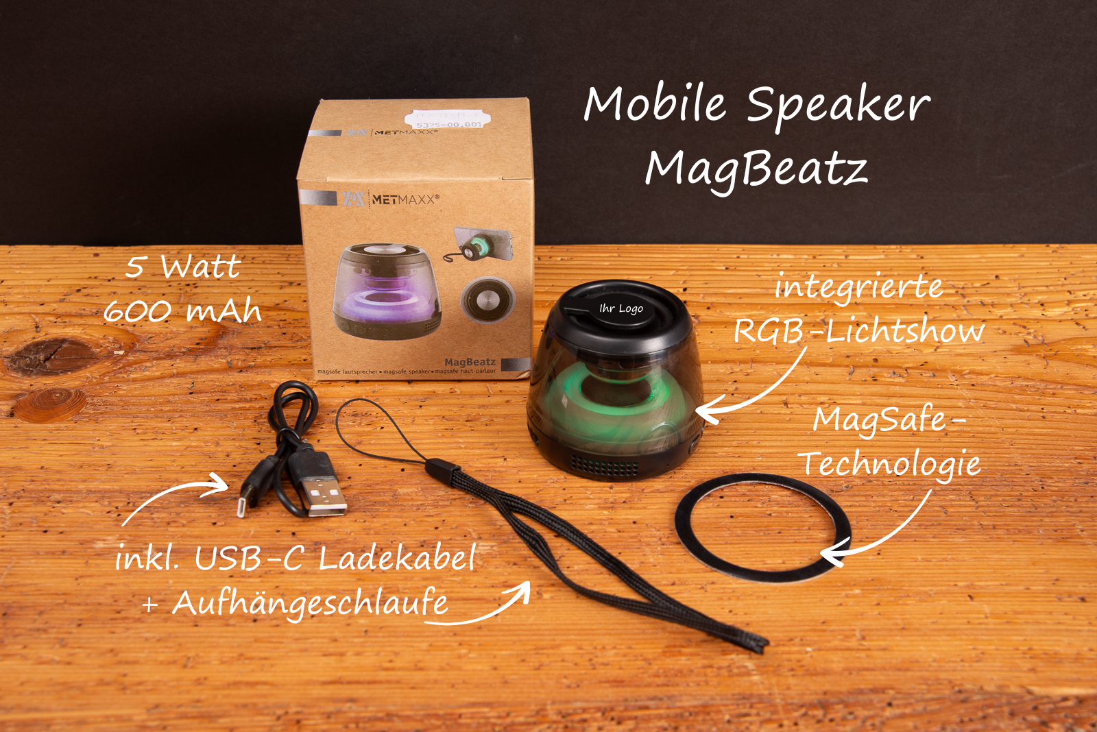 Bluetooth Speaker mit MagSafe Technologie und RGB Licht &ndash; Lautsprecher mit Bluetooth als innovativer Merch Artikel f&uuml;r Unternehmen