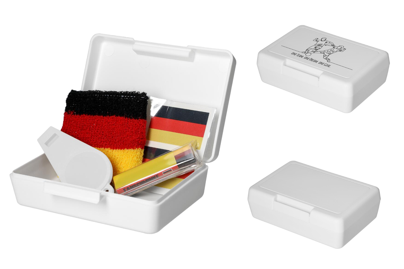 Travelbox &bdquo;Fan&ldquo; als Fu&szlig;ball-Werbeartikel, gef&uuml;llt mit Fanartikeln und bedruckbar mit Logo.