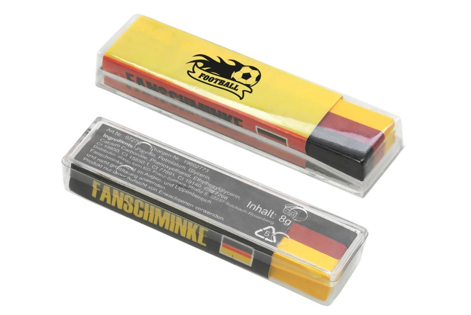 Fanschminke in Schwarz-Rot-Gold als Fu&szlig;ball-Werbeartikel, ideal f&uuml;r Events und Public Viewing.