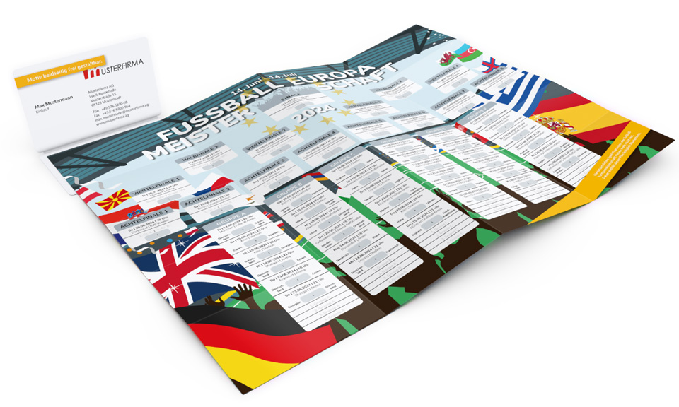 Ausfaltbarer Fu&szlig;ball-Spielplan als Werbeartikel f&uuml;r EM und WM mit individueller Werbeanbringung.