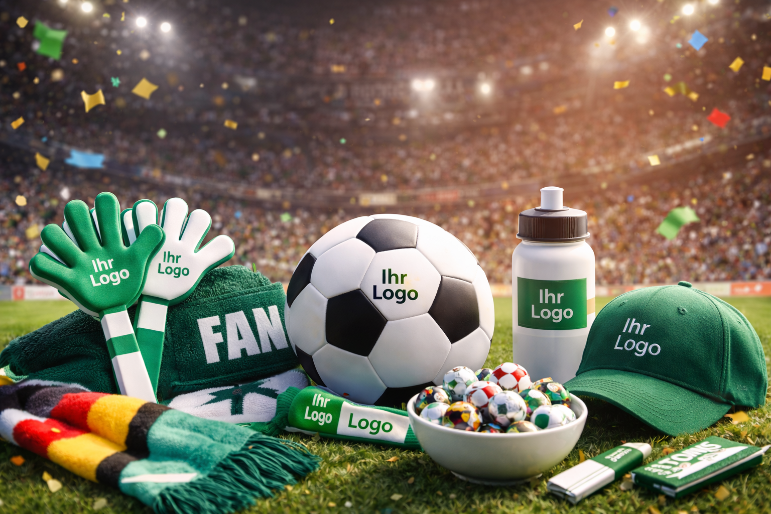 Werbegeschenke zur Fu&szlig;ball-Weltmeisterschaft: Fu&szlig;ball, Fanartikel, Trinkflasche, Cap und S&uuml;&szlig;igkeiten mit Aufdruck &bdquo;Ihr Logo&ldquo; im Stadionambiente.