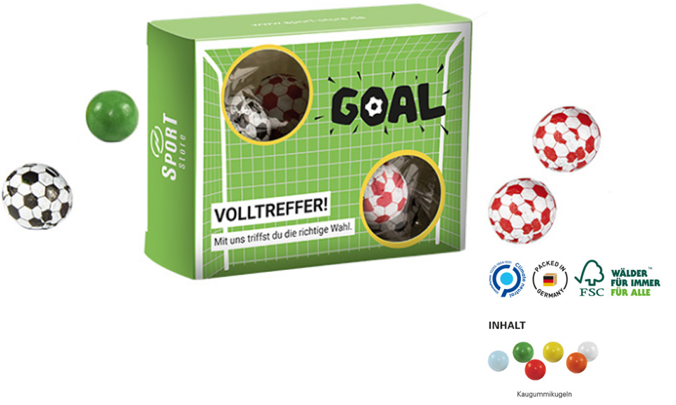 Kaugummi Torwand Box als kreativer Fu&szlig;ball-Werbeartikel f&uuml;r Promotions und Events.