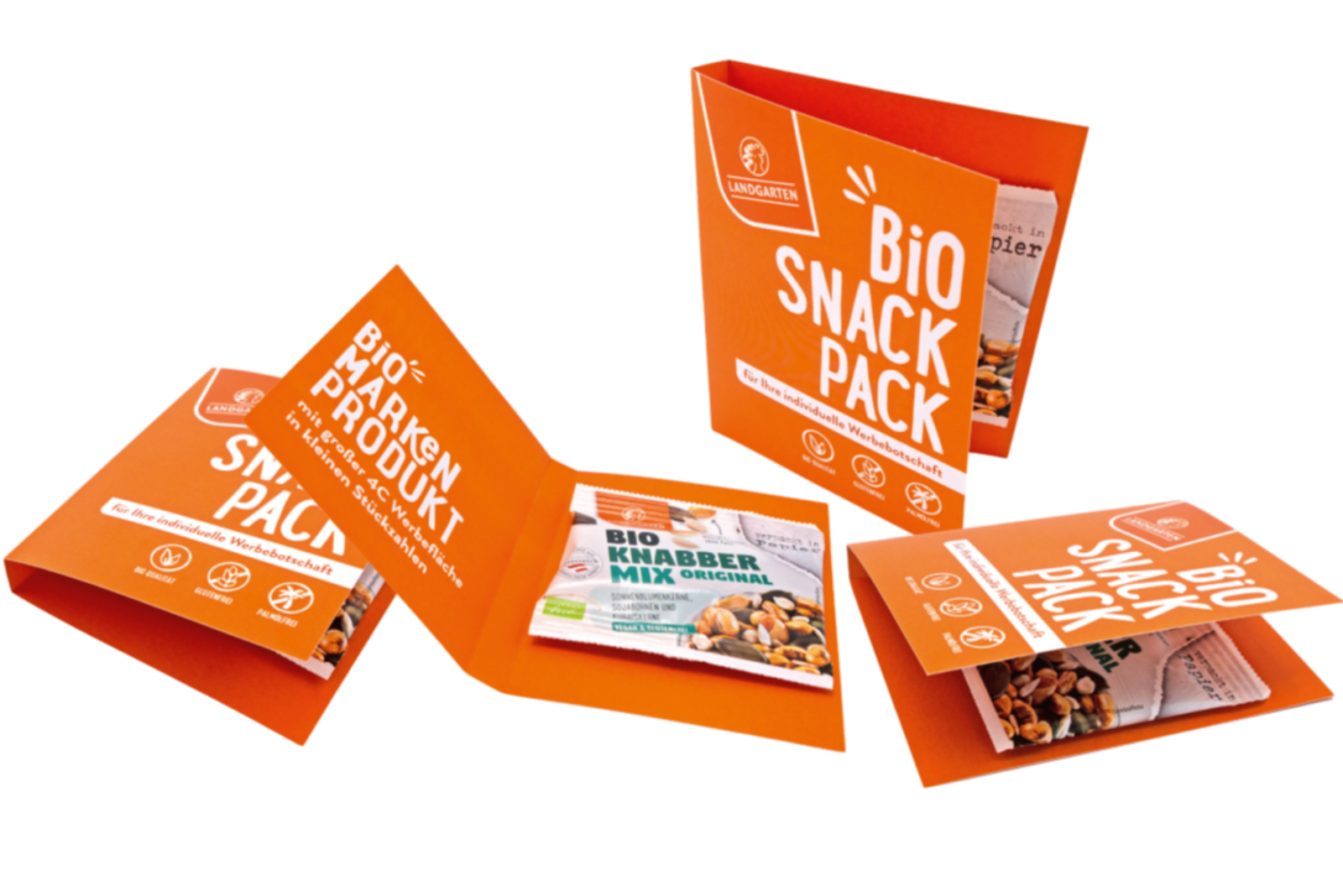 Landgarten Bio Knabber Mix Original als Werbeartikel mit individuell bedruckter Klappkarte und gro&szlig;er Werbefl&auml;che &ndash; proteinreicher Bio Snack als Streuartikel f&uuml;r Messen, Events und Mailings.