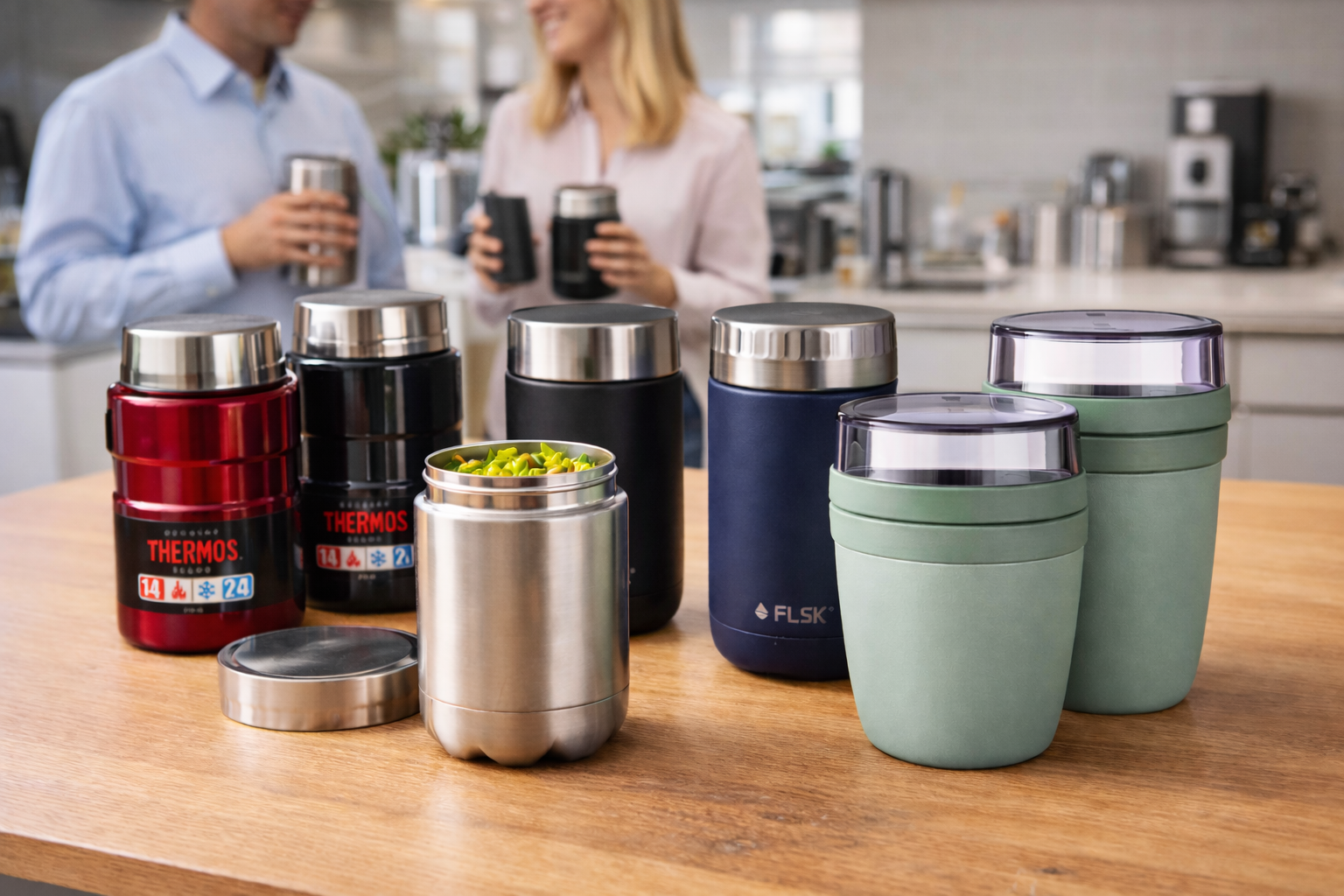 Thermobeh&auml;lter f&uuml;r Essen als nachhaltiger Werbeartikel in einer modernen B&uuml;rok&uuml;che &ndash; Mitarbeiter nutzen isolierte Lunchbeh&auml;lter in der Mittagspause.
