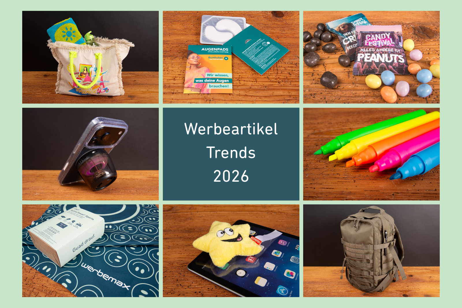 Werbeartikel Trends 2026 mit innovativen Werbegeschenken wie Augenpads, Merchandise-Taschen, Neon-Textmarkern und nachhaltigen Neuheiten von der PSI D&uuml;sseldorf.