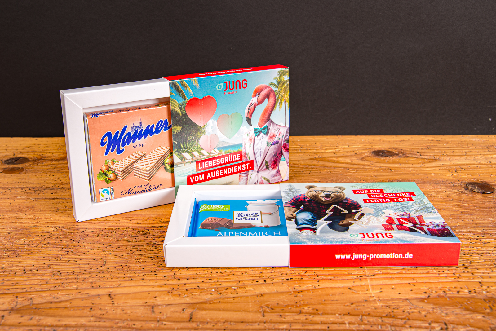 Ritter Sport personalisiert in hochwertiger Geschenk Box als Werbeartikel mit individueller Bedruckung f&uuml;r Mitarbeitergeschenke oder Mailing