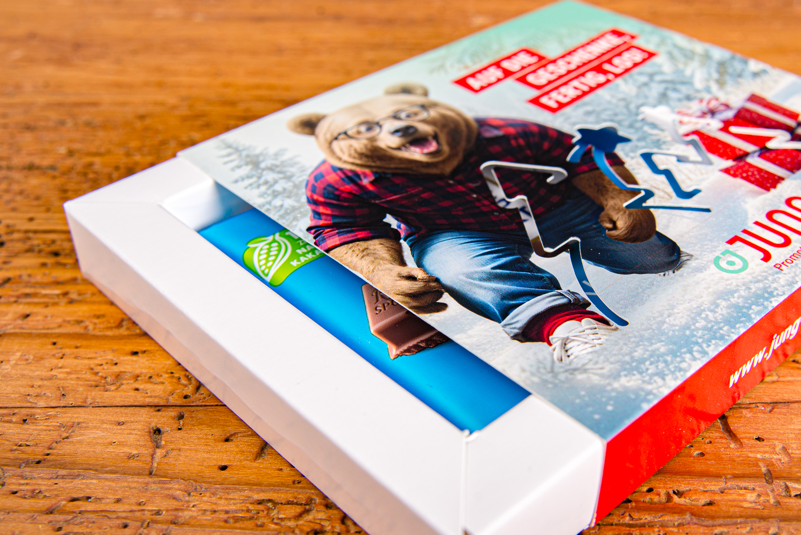 Bedruckte Pr&auml;sentbox mit Ritter Sport Schokolade als Mailing Werbemittel mit Logo und individueller Gestaltung