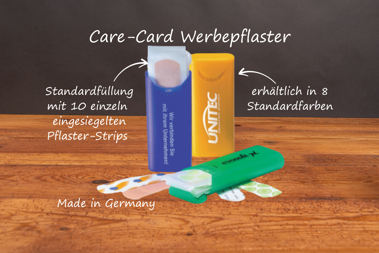 Care-Card Pflasterbox mit Logo, Pflasterbox bedruckt Made in Germany mit 10 einzeln eingesiegelten Pflaster-Strips, ideal als Werbegeschenk