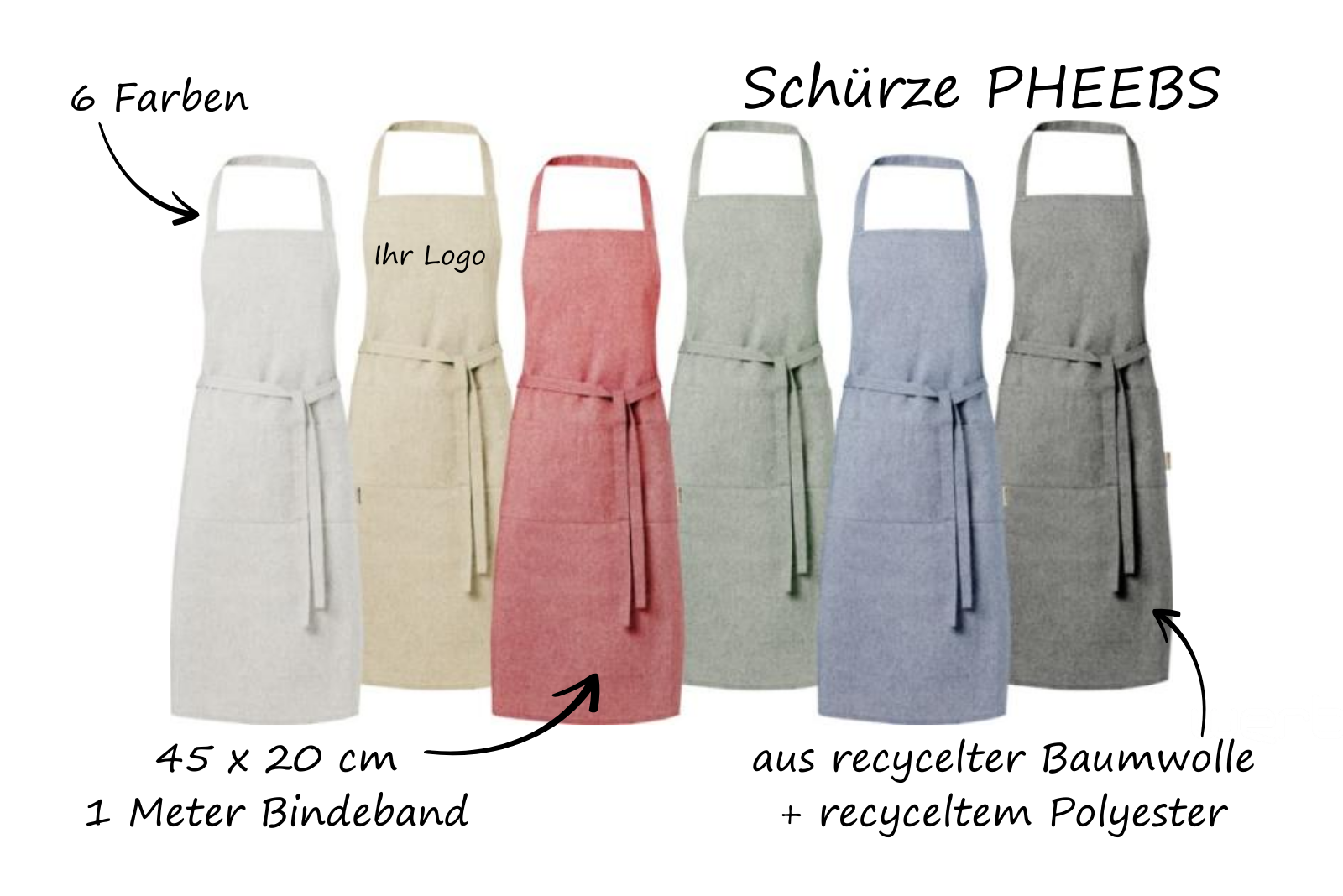 Sch&uuml;rze in 6 Farben mit Logo &ndash; personalisierte Kochsch&uuml;rze aus recycelter Baumwolle und Polyester mit verstellbarem Band