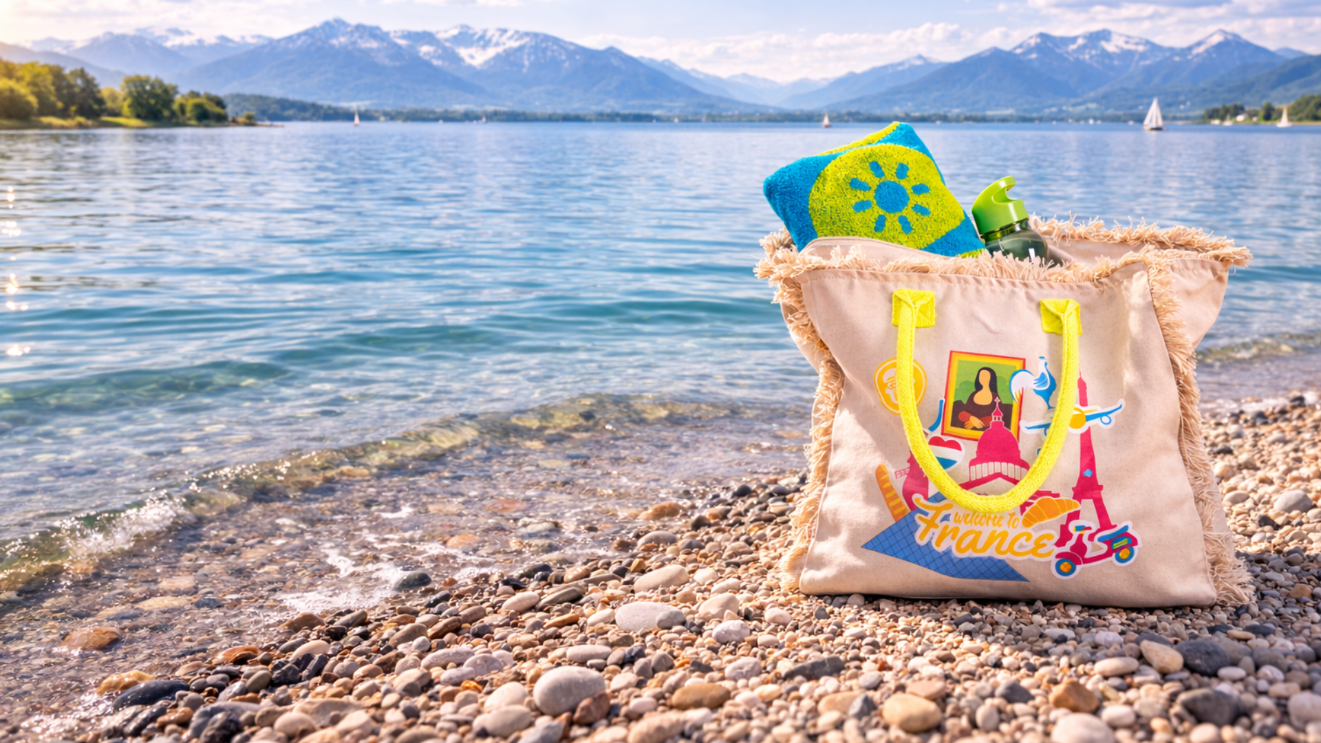 Strandtasche mit farbigem Werbedruck am Seeufer, gef&uuml;llt mit Handtuch und Trinkflasche, vor Bergpanorama &ndash; ideal als sommerlicher Werbeartikel mit Logo f&uuml;r Reisen und Freizeit