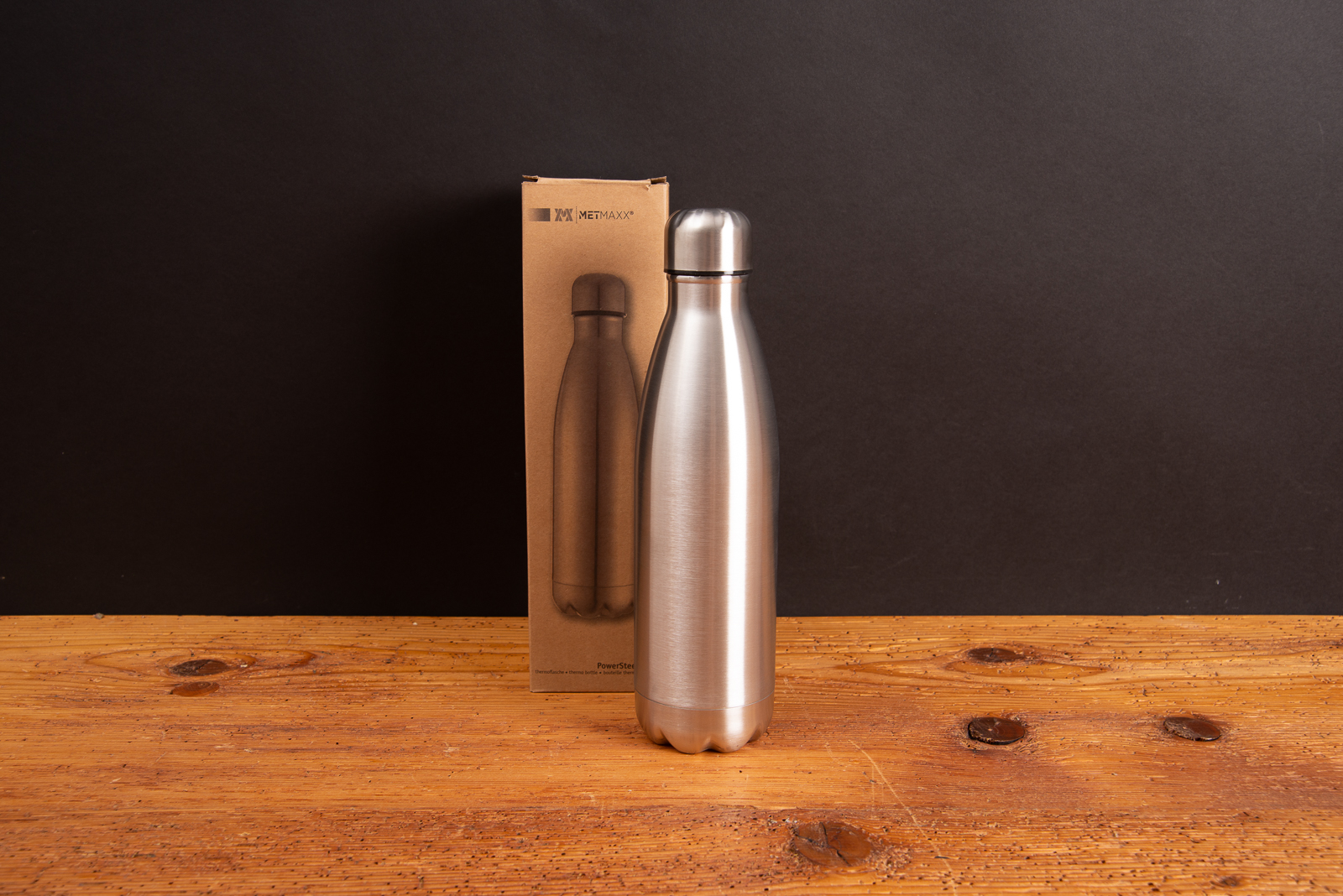 PowerSteel Sportflasche aus Edelstahl mit Craft Paper Box als nachhaltiger Werbeartikel mit Logo