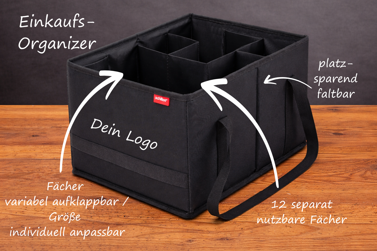 Faltbarer Einkaufskorb mit 12 flexiblen F&auml;chern als Werbeartikel von werbemax, ideal als Kofferraum Organizer und Mitarbeitergeschenk mit Logo-Druck.