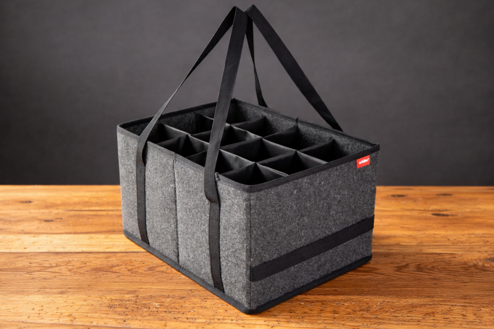Grauer Einkaufskorb aus Filz mit 12 F&auml;chern und langen Tragegriffen, ideal als hochwertiger Werbeartikel und Kofferraum Organizer von werbemax.